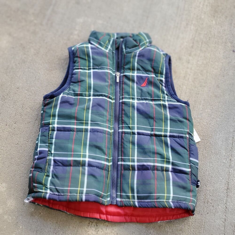 Nautica Quilted / Puffer Vest Green Plaid Childs Size 12M
